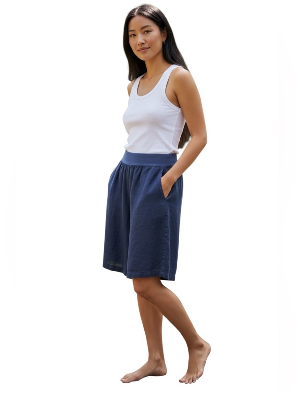 Cut Loose Elastic Waist Lagenlook Navy Linen Walking Shorts Size M